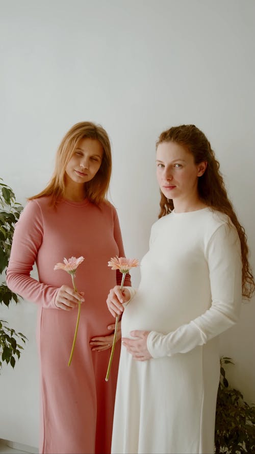 Pregnant Women Holding Pink Flowers