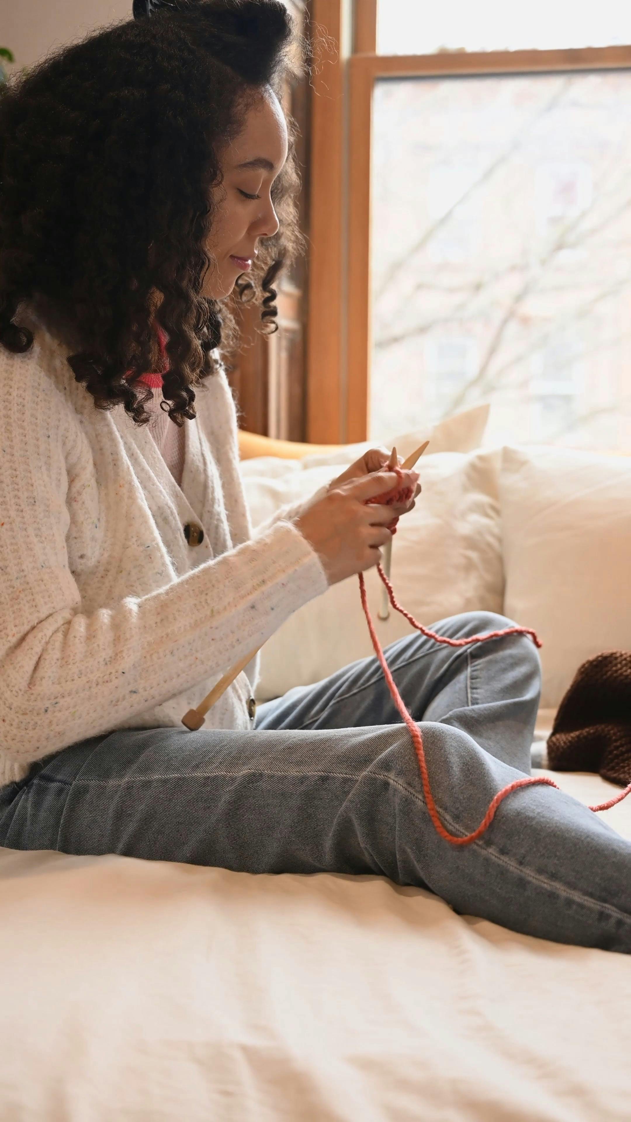 Woman Knitting while Sitting · Free Stock Video