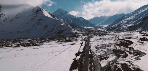 Snow Covered Field and Mountains