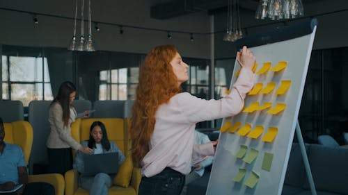 Woman Writing in White Board while Discussing