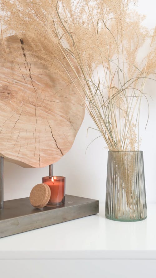 Ornamental Grass on Vase and a Log Slice