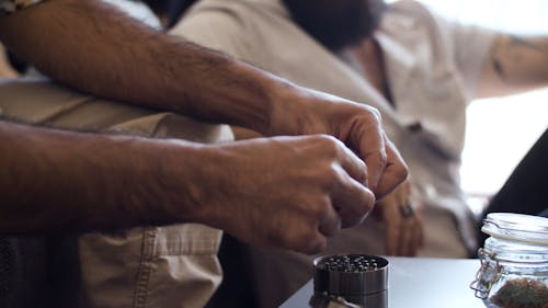 A Man Putting Cannabis in a Grinder