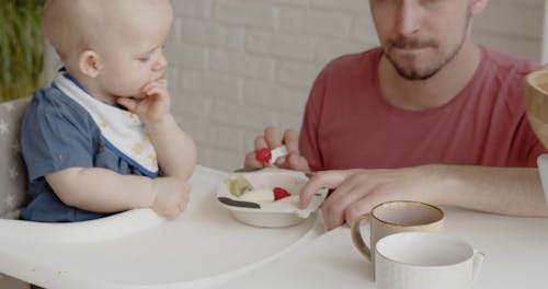 Adult Man Giving Fruits to Baby at Table