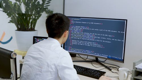 A Man Using a Computer in the Office