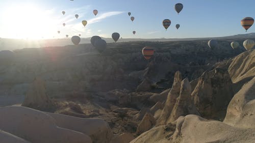 Pull Out Shot of Hot Air Balloons in Cappadocia