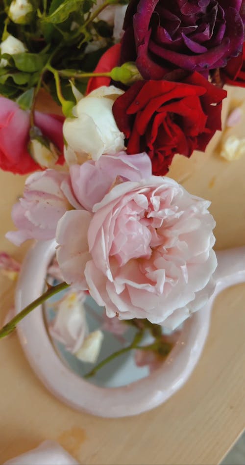 A Person Putting Pink Roses on a Hand Mirror