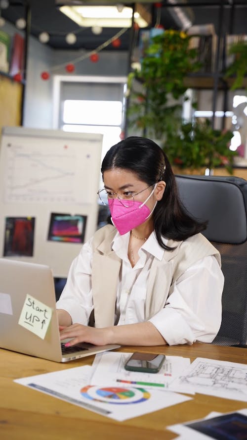Woman Wearing Face Mask while Working in the Office