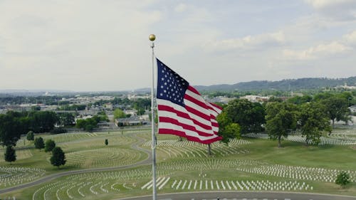 Aerial View of USA Flag in a Cemetery