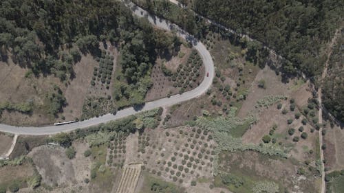 Top Shot of a Car Driving Through a Country Road