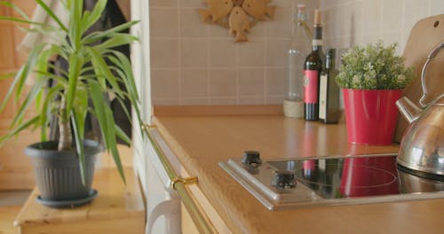 A Person Placing a Coaster and a Tea Kettle on a Counter Top