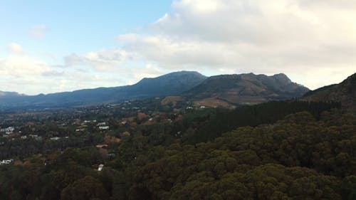 Aerial View of the Village and the Forest Beneath the Mountains