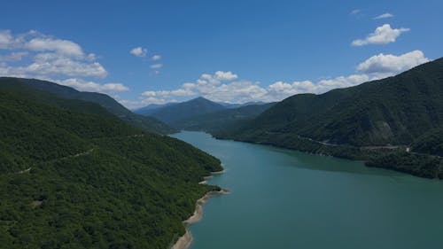 Drone Shot of a Lake Between Mountains in Georgia