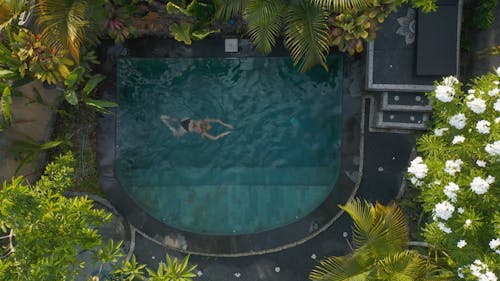 Bird's-eye View of a Woman Swimming in a Pool