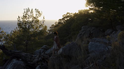 Drone Shot of a Woman Walking on an Island