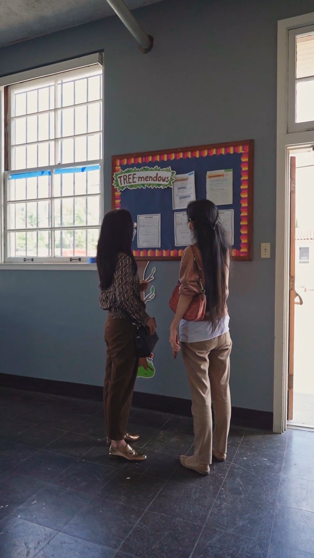Two Women Looking at a Pin Board on a School Wall Free Stock Video ...