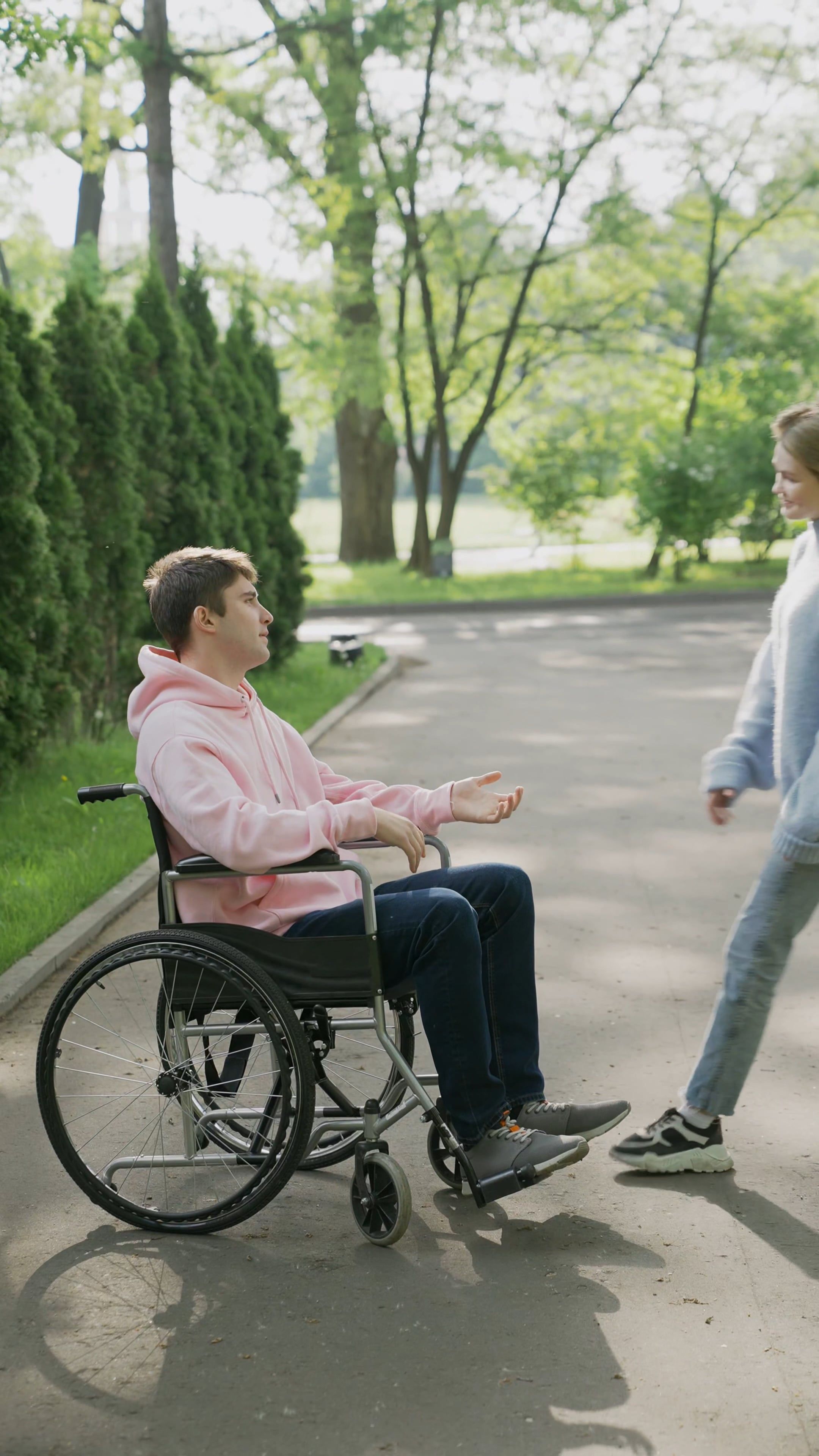 A Woman Hugging a Man in a Wheelchair at the Park · Free Stock Video