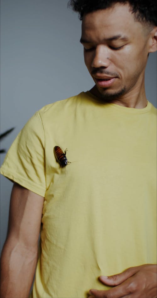 Man In Yellow Shirt With Insect Crawling On Him