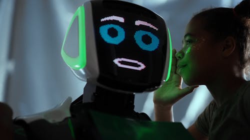 Low Angle Video of Girl Whispering on a Robot