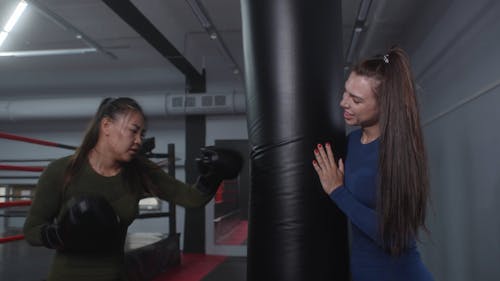 Woman Punching a Punching Bag while Coach Is Holding It