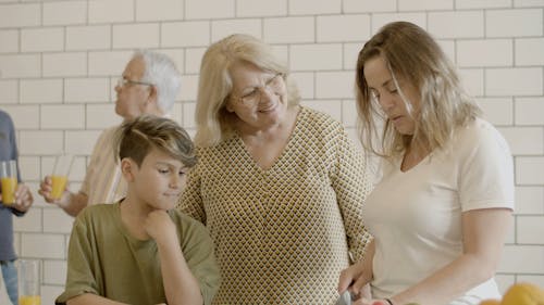 An Elderly Woman with her Daughter and Grandson in a Kitchen