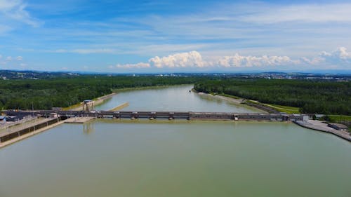 Drone Footage of a Dam in the Danube River