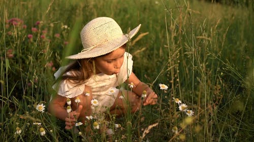 A Girl Sitting on Flower Field
