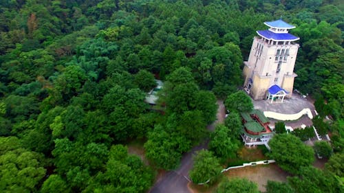 Drone Shot De Edificio Con Techo Azul