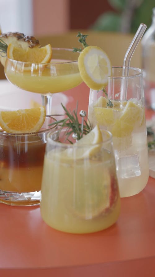 Variety Of Fresh Fruit Juices On Table