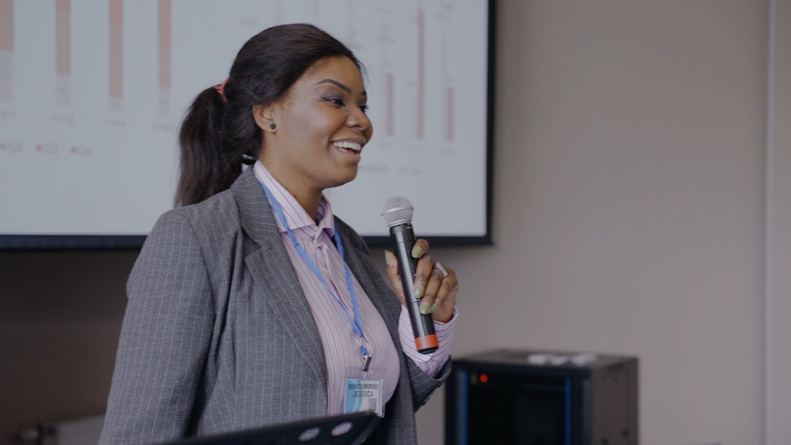 African businesswoman presenting financial data
