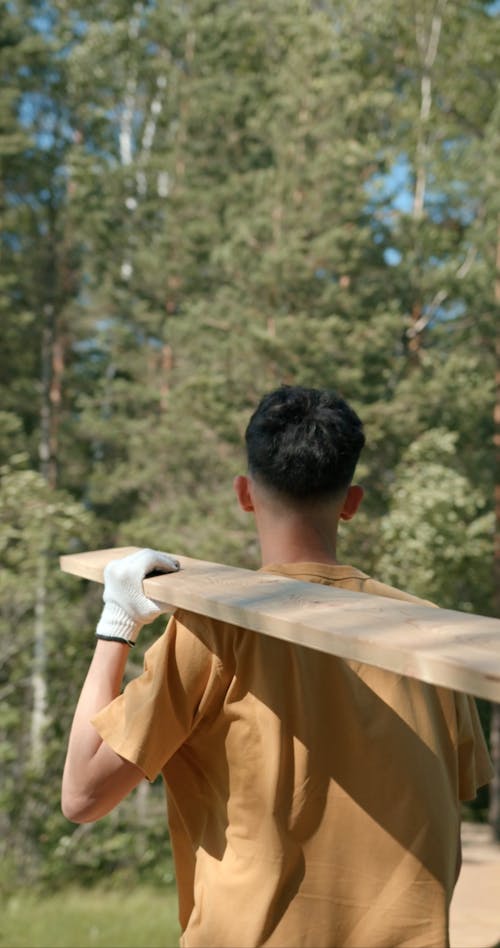 Men Walking while Carrying Wood Plank