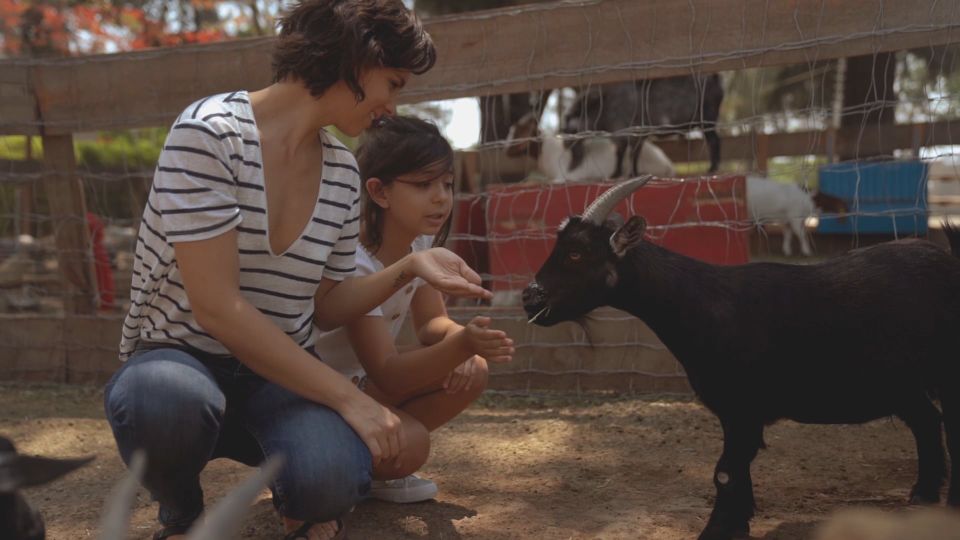 A mother and daughter feeding a goat