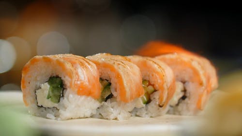 Close-up Video of a Burning Sushi Roll
