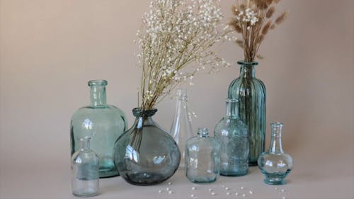 Bouquets of Dried Flowers in Glass Vases