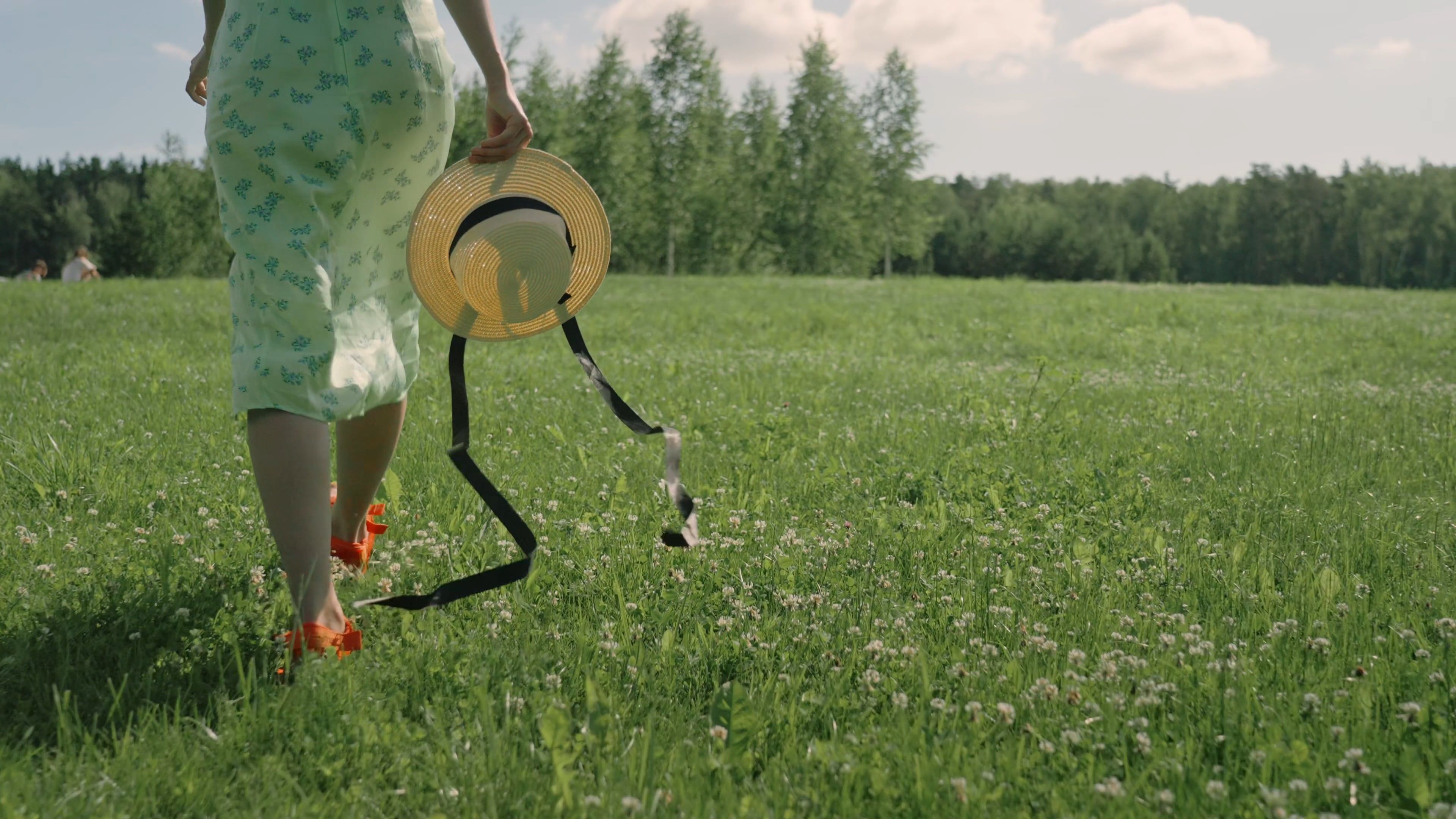 Back View of a Woman Walking on Green Grass Free Stock Video Footage ...