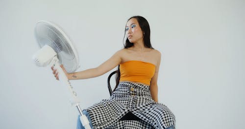 A Woman Posing with an Electric Fan