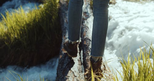 A Man Crossing on the River while Walking on Tree Trunks