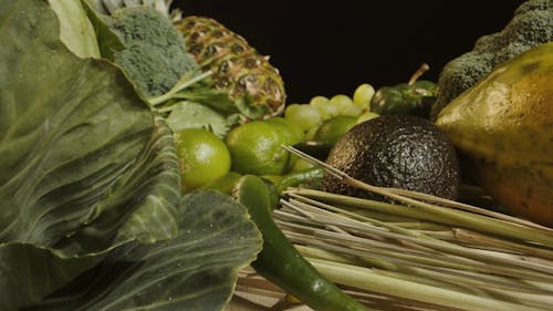 Push in Shot of Green Colored Fruits and Vegetables