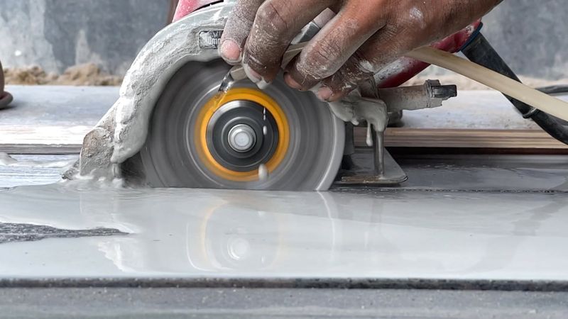 Pila s dijamantnom pločom reže mokri materijal, izbliza
