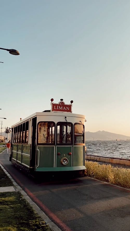 Panning Shot of a Tram by the Seaside in Turkey
