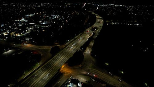 Aerial View of a Highway at Night