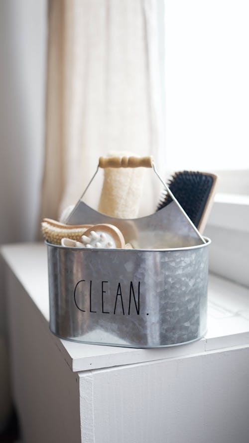 Close up of Bath Products in a Metal Caddy