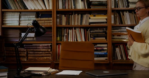 An Elderly Woman Working Inside the Library