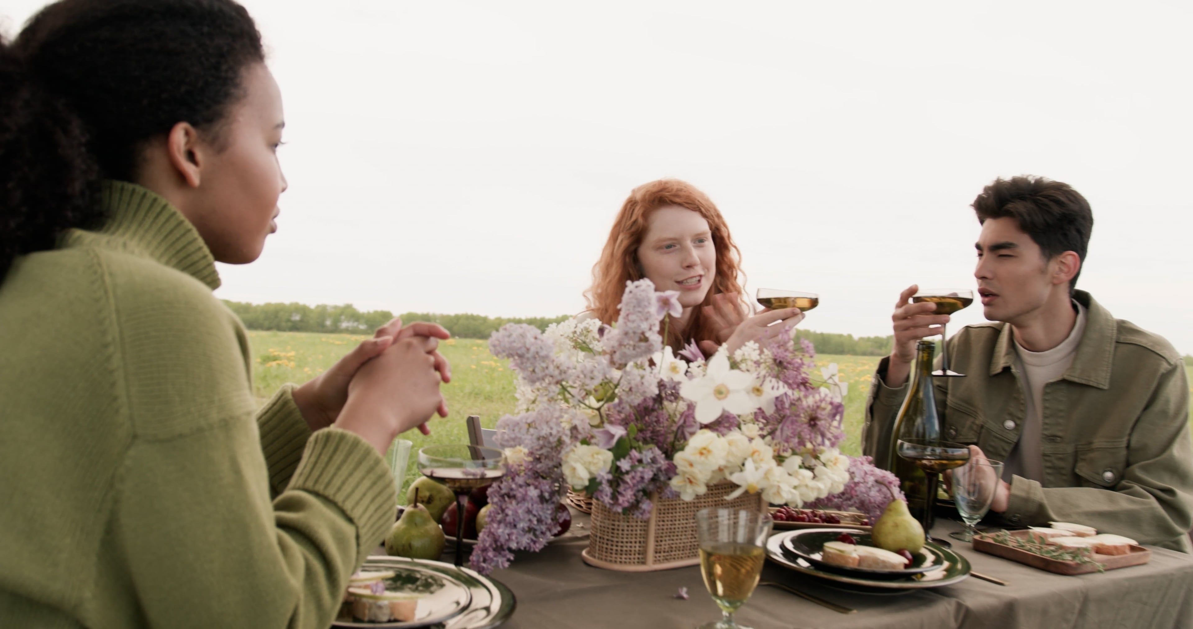 Zooming In on a Woman While Eating Outdoors with Friends Free Stock ...