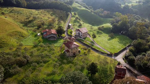 Aerial shot of houses and hills