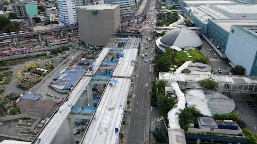 Aerial shot of traffic on highway in city