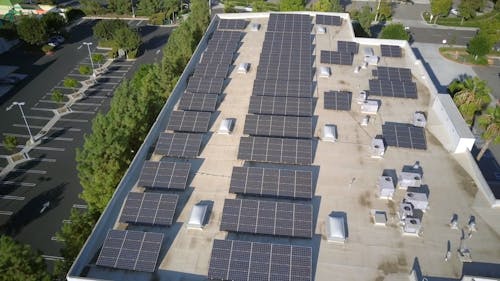 Aerial Footage of Solar Panels on a Rooftop