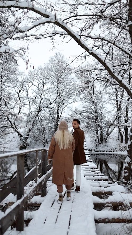 A Couple Walking on a Hanging Bridge