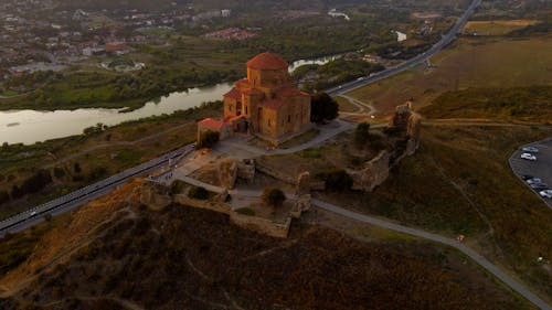 Aerial Footage of Jvari Monastery on Top of a Mountain