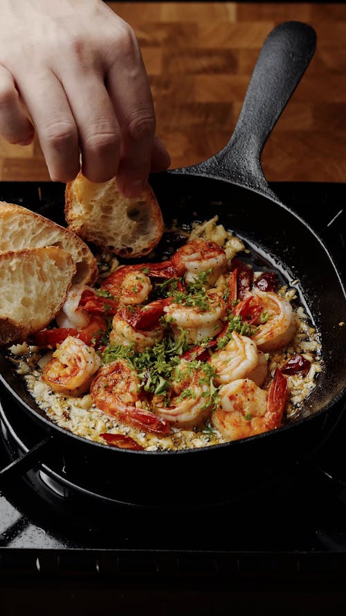 Shrimp and Bread on Frying Pan