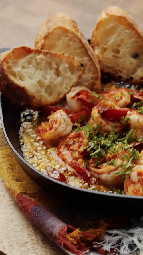Shrimp and Bread on Frying Pan